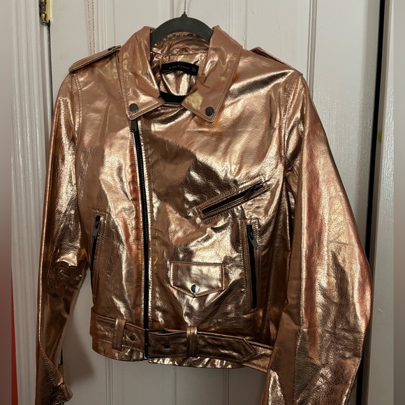 Zara Metallic Rose Gold Leather Moto Jacket XL - Picture 3 of 10